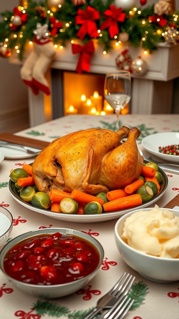 A festive Christmas dinner table with roast chicken, roasted vegetables, mashed potatoes, and cranberry sauce.